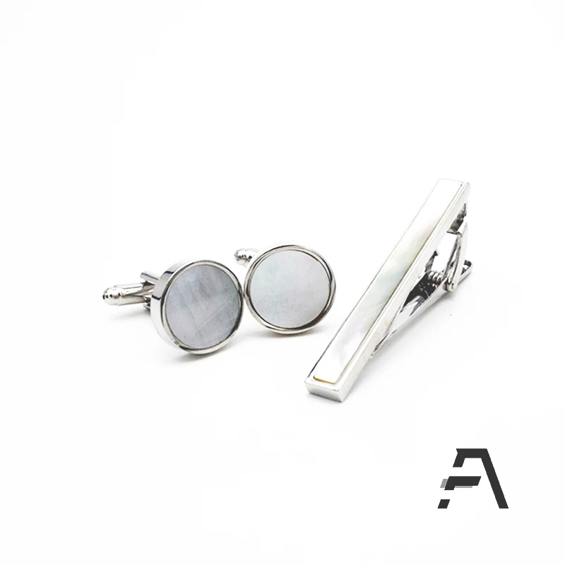 Jewelry Stainless Steel  Mother of Pearl cufflink and tie clip set