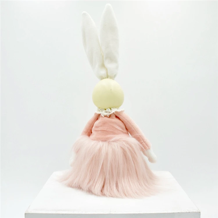 Easter Decoration Gifts Pink Plush Rabbit Figure Shelf Sitter Stripe Fabric Craft Home Decor Couple Bunny With Resin Head