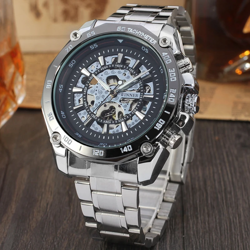2023 T-WINNER Popular Men Watch Fashion relojes hombre Skeleton Stainless Steel bracelet Wristwatch Original jam tangan