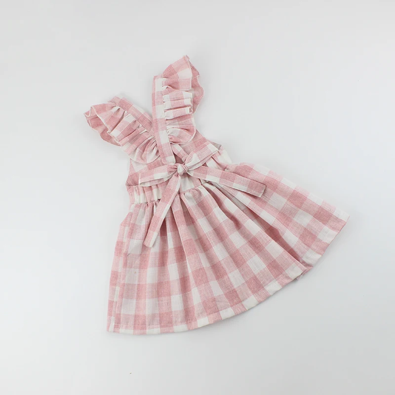 
Summer Backless Ruffle Pink Gingham Linen Pinafore Knee Length Baby Girls Party Dresses 