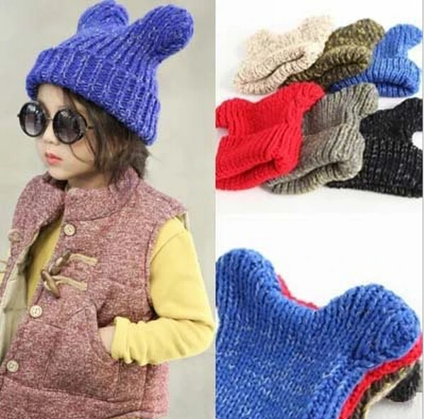 New Winter Children Cartoon Mickey Ears Knitted Turtleneck Caps Baby Warm Hats Girls Candy Color Thick