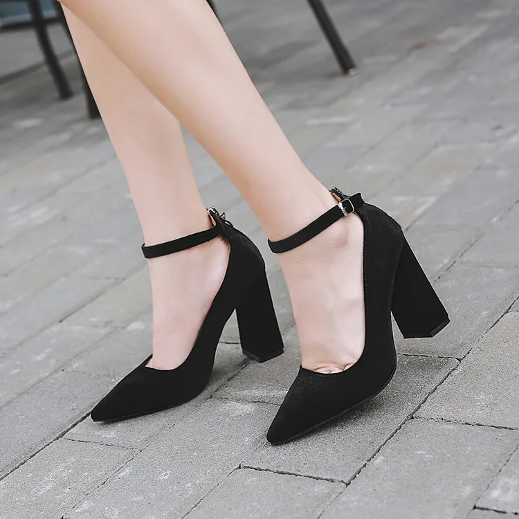 Latest Comfortable Ladies pink Black Velvet Pointed Toe Chunky Pumps Women High Heel Shoes