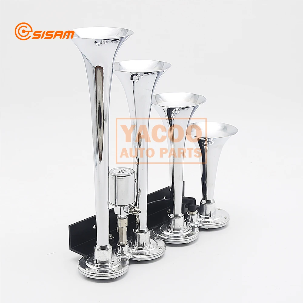 12V 150DB Chrome Silver Car Truck Train Air Horn with 4 Trumpet Ultra Loud Sound Gas Pressured Horns