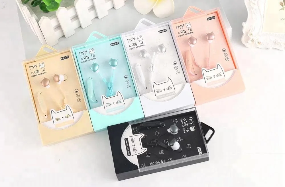 
Cartoon Cat Zipper Headphone with Mic, Plastic 3.5mm Promotion In Ear Micro Earphone Speaker Stereo Wired Earphones 