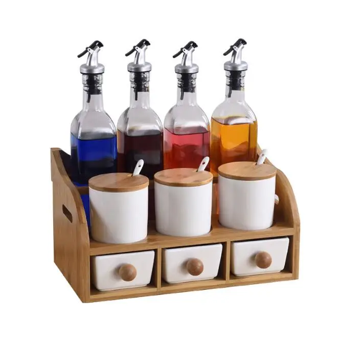 Condiment Set with 4 Glass Oil Cruets, 3 Ceramic Spice Jars,3 Ceramic Draws, and Bamboo Rack