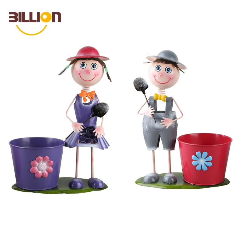 Iron Metal Garden Wholesale Planter Iron Boy Girl Figures Garden Flower Pot