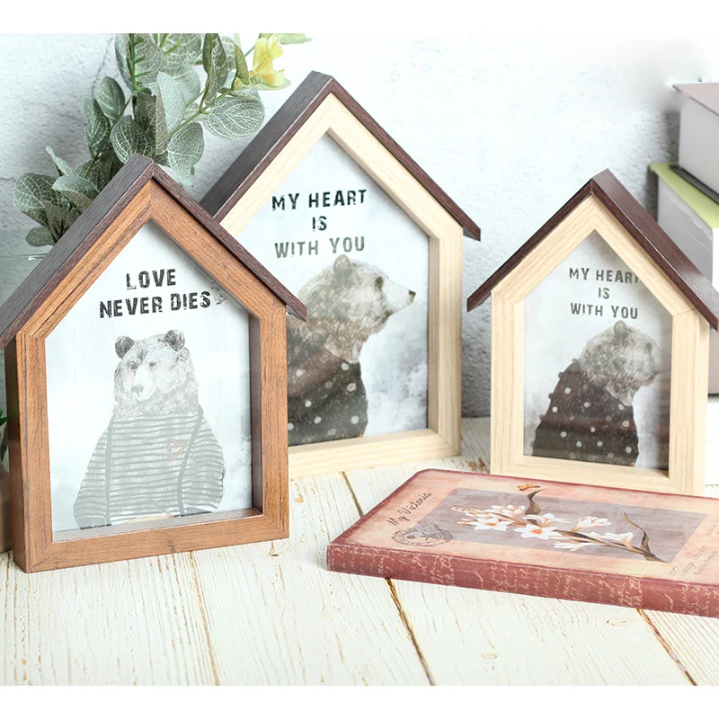 Creative Gift Frame Creative Style Brown Color MDF Material House Shape Hinged Wooden Picture Photo Frame