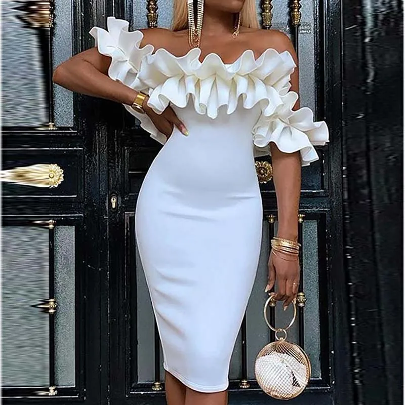 Women Off Shoulder Ruched Design Bodycon DressShort Sleeve ruffles back zipper closure party wedding  banquet cocktail dresses