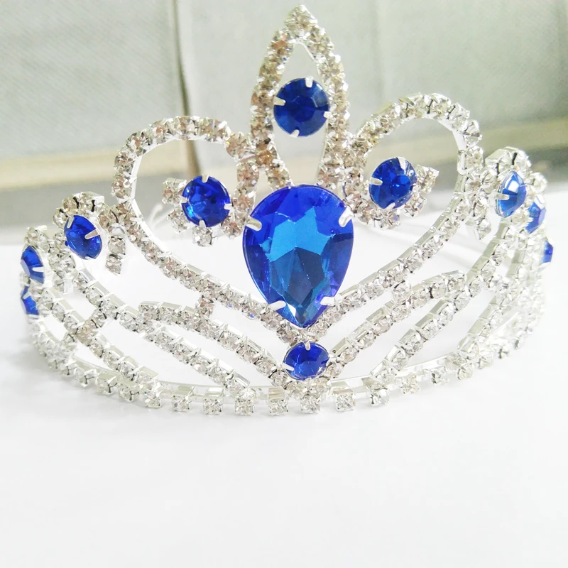 Новейшая модная Великолепная ручная работа с голубым драгоценным камнем со стразами Посеребренная Высокая Корона