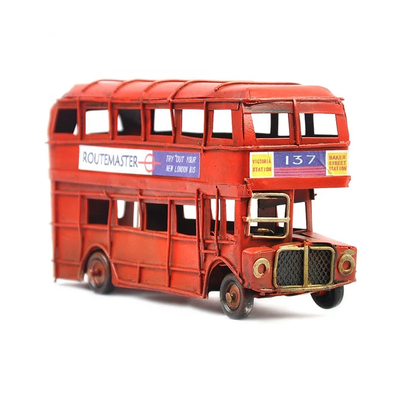 Wholesale 137 Route Retro London Double Decker Bus Model Home Decor Collection Souvenir Metal Vintage Retro Craft Bus Model