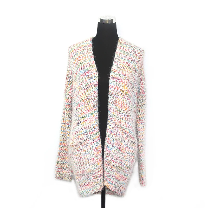 
Winter high quality knitted colorful rainbow sweater oversize open stitch long sleeve women top cardigan with pockets 