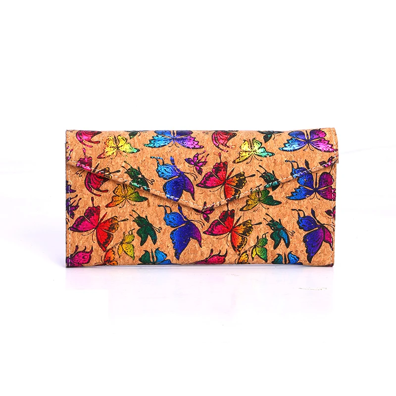 Eco friendly butterfly printing cork wallet for women, Hot selling Portugal envelope cork fabric purse bag