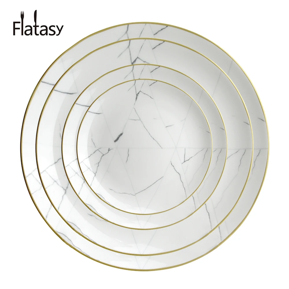Hot sale wholesale cheap luxury gold rim white marble patterns round ceramics charger plates set for wedding party and hotel