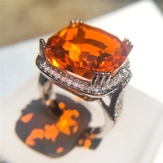 New 4CT Big Champagne CZ Stone silver Ring Large Single Orange Crystal Cut Luxury Ring party Women 925 Sterling Silver Jewelry