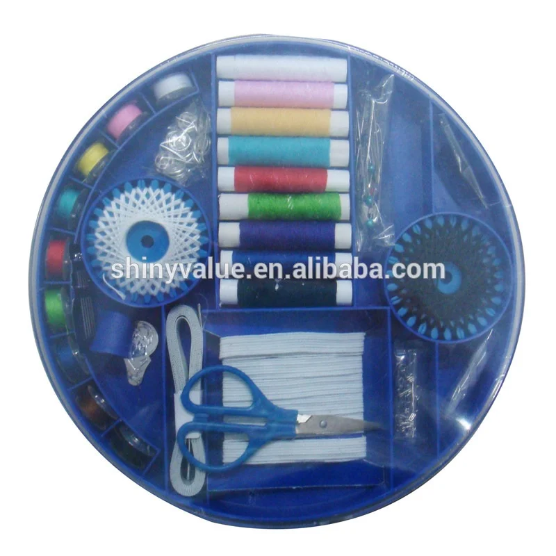 Complete Sewing Kit Box with 75pcs Accessories Big Blue round Plastic for Hand Sewing and Knitting for Office or Christmas
