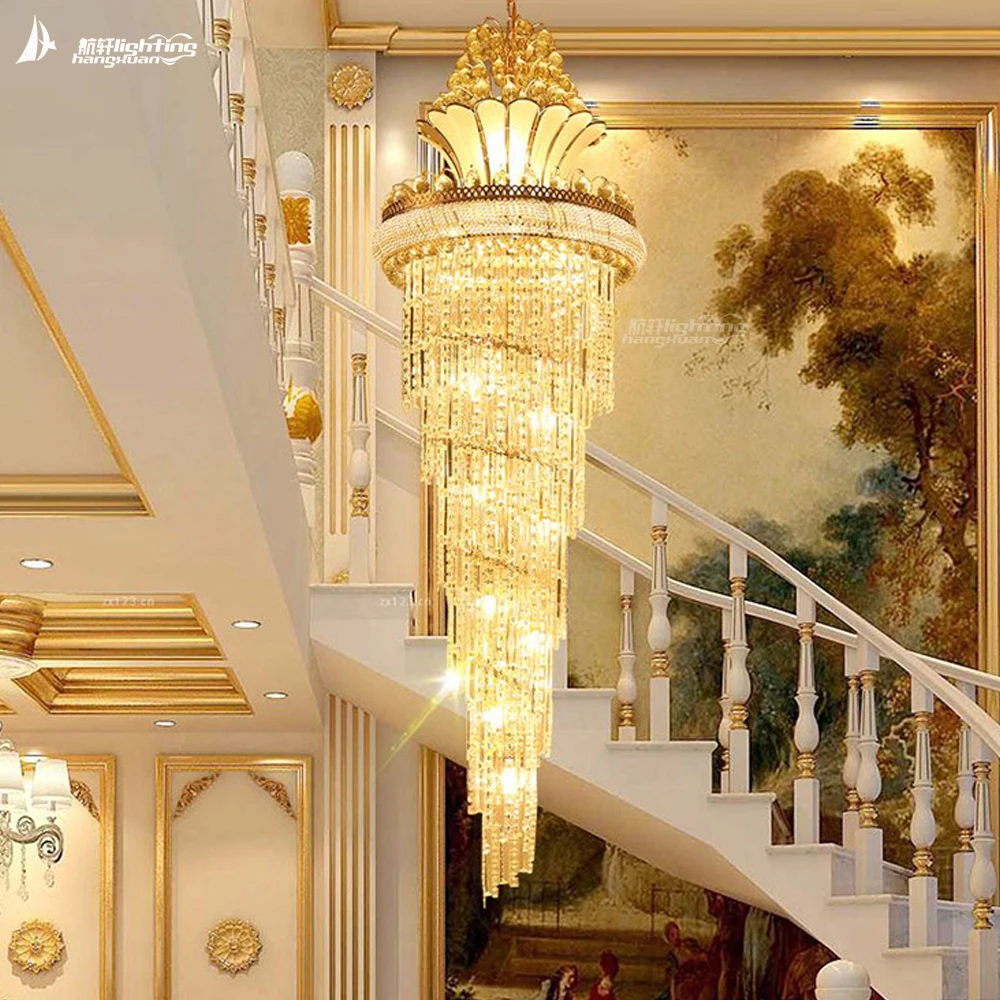 Modern staircase gold finish crystal chandelier indoor lighting with  long crystal chandelier for hotel flat