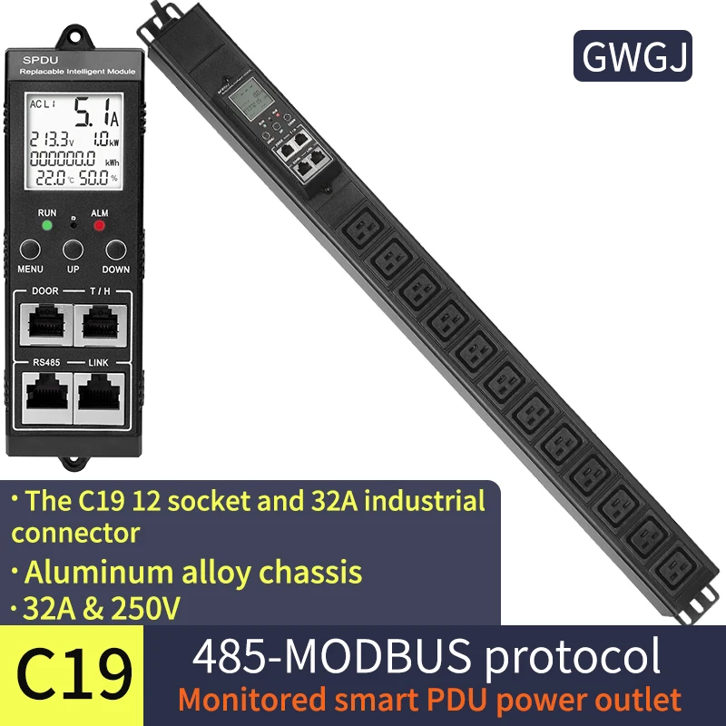 1.5U intelligent monitoring type PDU power socket 12-bit C19 socket 32A input vertical installation 485Modbus-RTU protocol casca