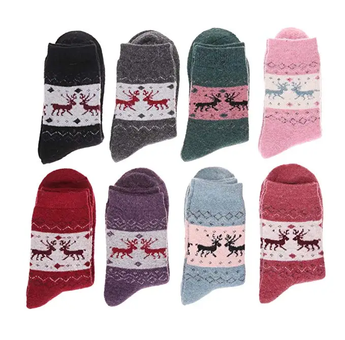 Winter Warm Thick Knit Rabbit Wool Jacquard Cozy Crew Vintage Style Socks Xmas Reindeer Moose Socks for Women