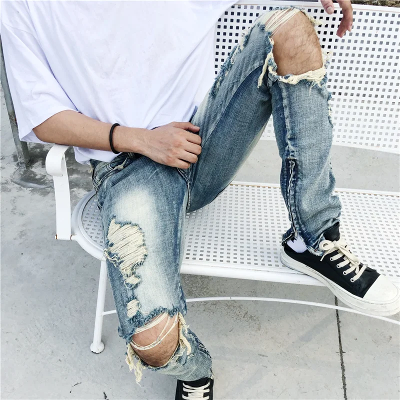 OEM  new style ripped pent style stock dropshipping 	men jeans trousers