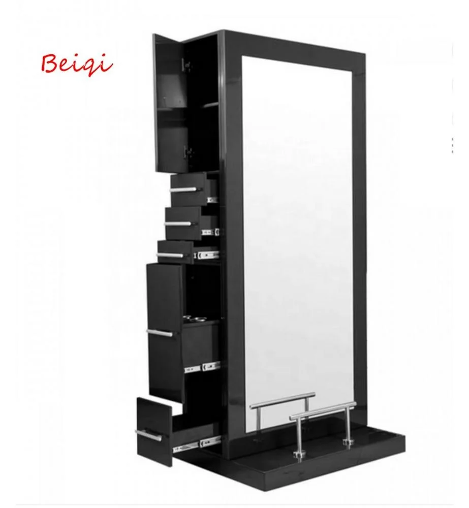 Modern black frame double side salon mirror station with drawer around for wholesale