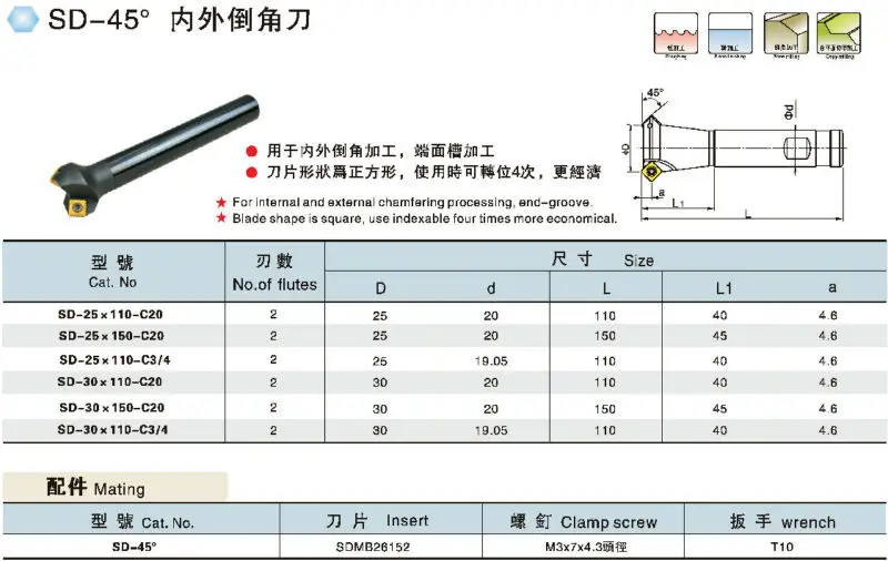 YASAM SD-45 Degree Chamfer Indexable Endmill Cutter for CNC Milling Machine