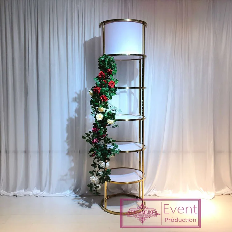 Stainless steel frame 5 layers round clear glass top bar back cabinet with LED Light Display Decorative wine shelf