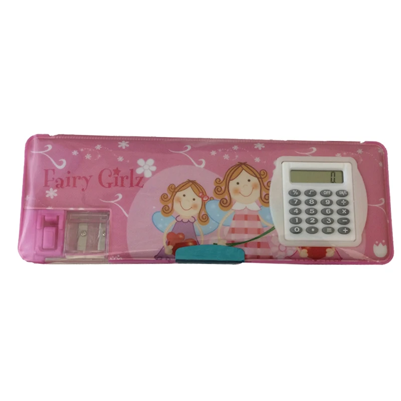 Cartoon school promotional gift kids stationery plastic pencil box with calculator