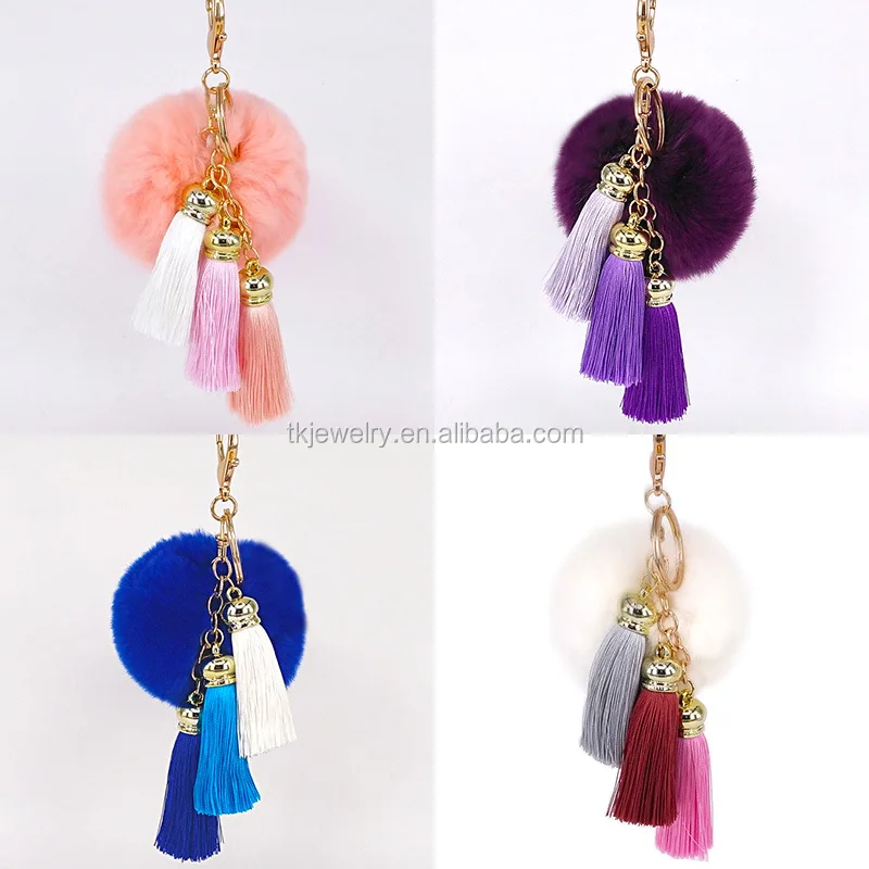 Stock Wholesale Colorful Korea Tassel Key chain With fur ball Pom Pom Key rings for lady