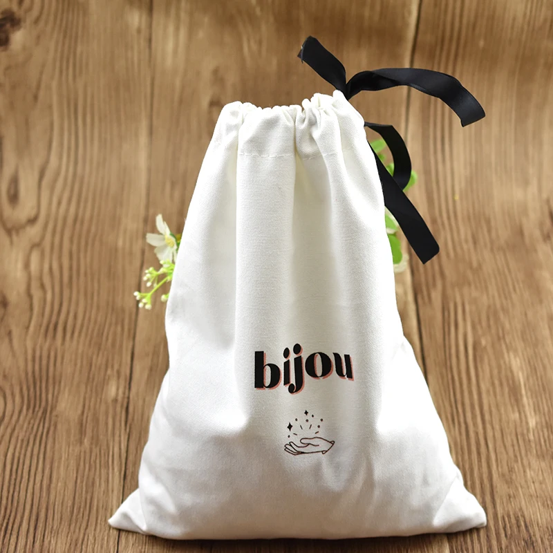 Recyclable Biodegrada Custom Logo Recyclable Printing Personalised Natural Organic Muslin String Cloth Drawstring Cotton Bags