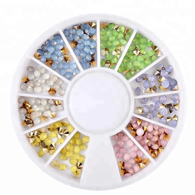 Top Point Crystal Opal Stone Rhinestone 3D Nail Art Designs with 12 Color Mixed Wheel Box for DIY Finger Nail Art