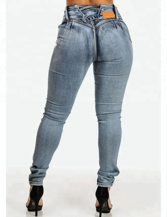 Royal wolf denim jeans manufacturer gray bleached wash colombian skinny butt lift women levanta cola jeans