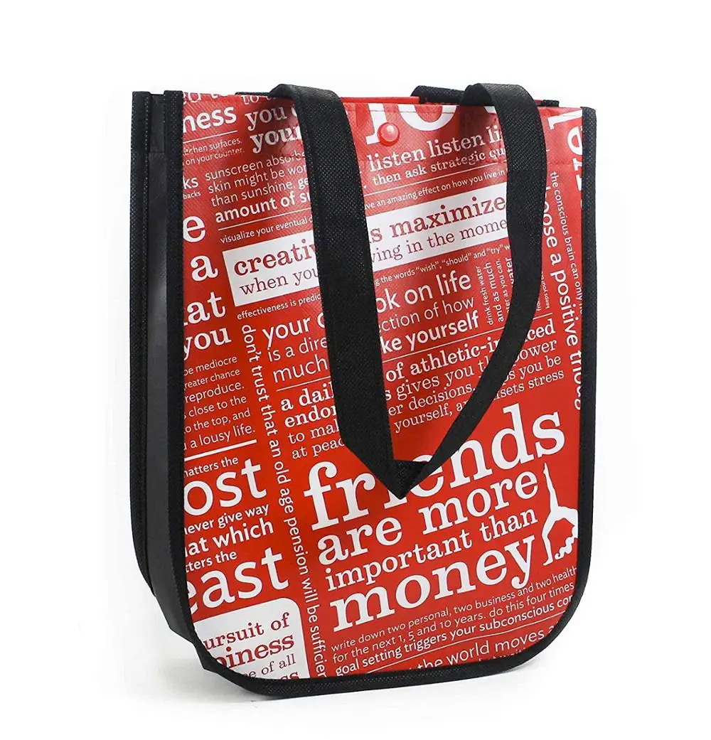 red with graphic print small reusable tote carryall gym laminated non woven bag