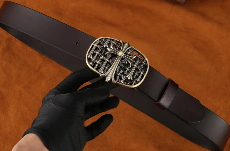 3.8cm width 3D religious cross logo zinc alloy slab western name plate buckle mens italian genuine cow skin leather belt