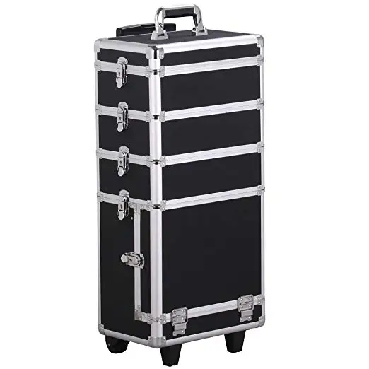 Highlight Black pink red silver Aluminum Rolling 4 in 1 Makeup Case Cosmetic trolley salon  trolley