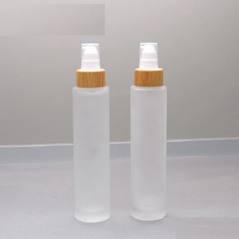 100ML Emulsion Toner Refillable Cosmetic Container Frosted Glass Bottle with Bamboo Lid