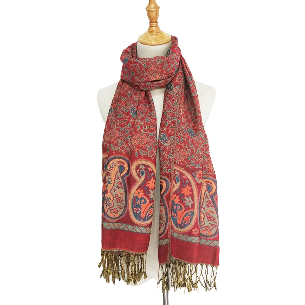 Pashmina Silk Paisley Border Pattern With Tassel Fringes Scarf Shawl Thin Stole Rave Gift for Women Autumn Winter Spring