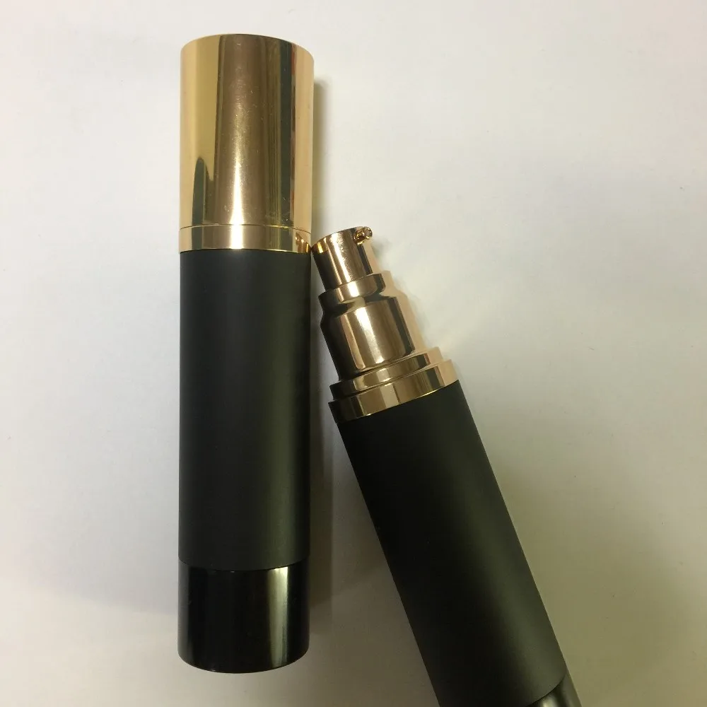 low MOQ matte black airless round aluminum bottle with golden lotion pump spray pump