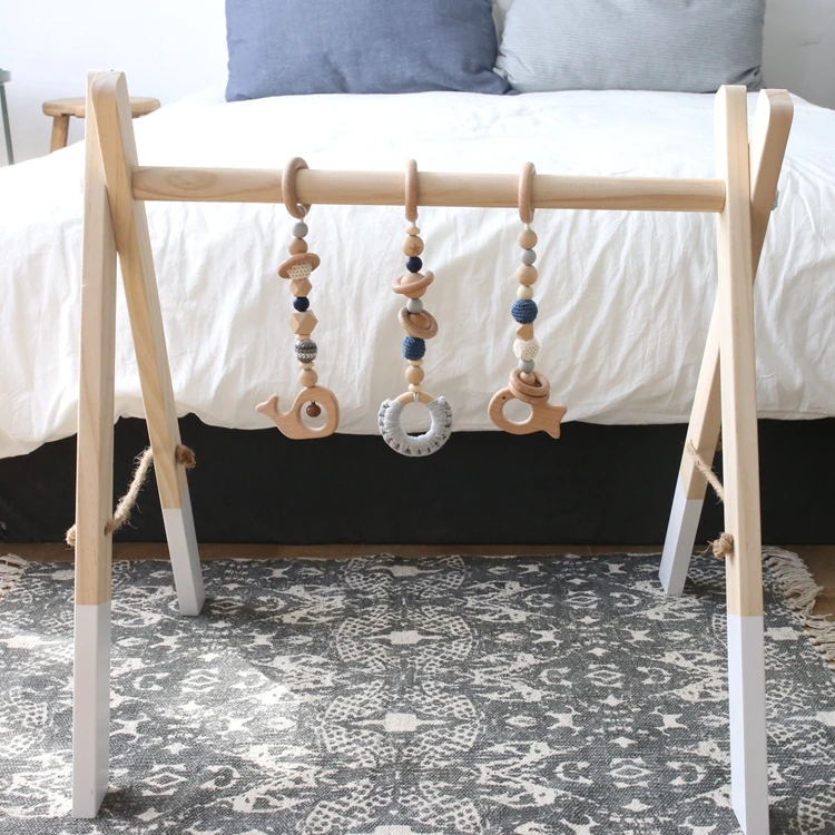 Organic Wooden Whale Fish Ring Silicone Crochet Beads Play Gym Hanging Toys Baby Teether