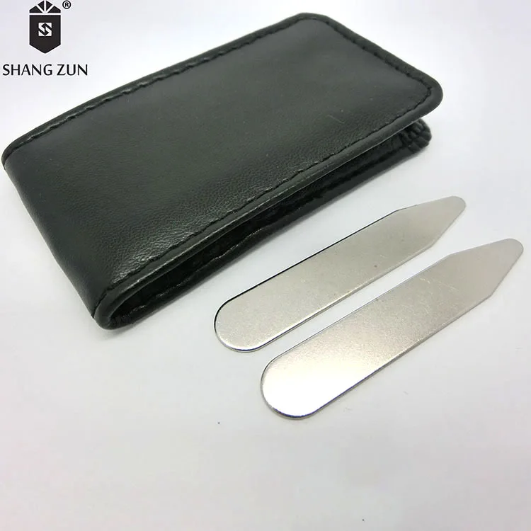 Low price Travel fashion 2 Sizes in Black Leather Case Stainless Steel Collar Stay Set 2 PCS