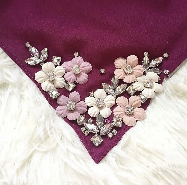 Wedding occasion beaded flower 3d crystal rhinestone embellished chiffon long shawl hijab scarf