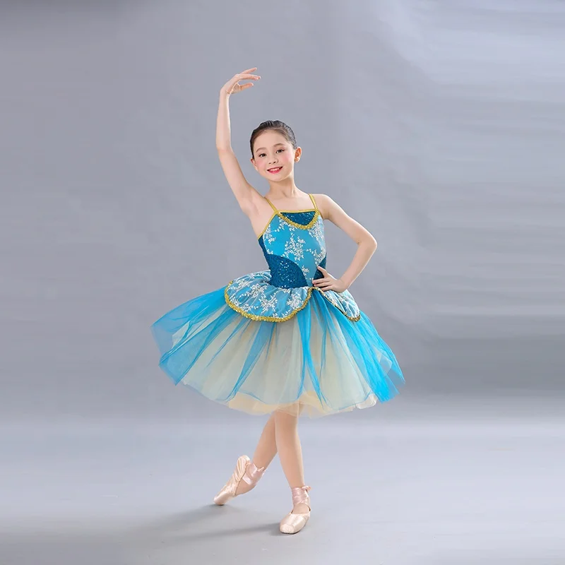 embroidery flower dance wear court style blue tutu skirt gold sequin performance dance costume