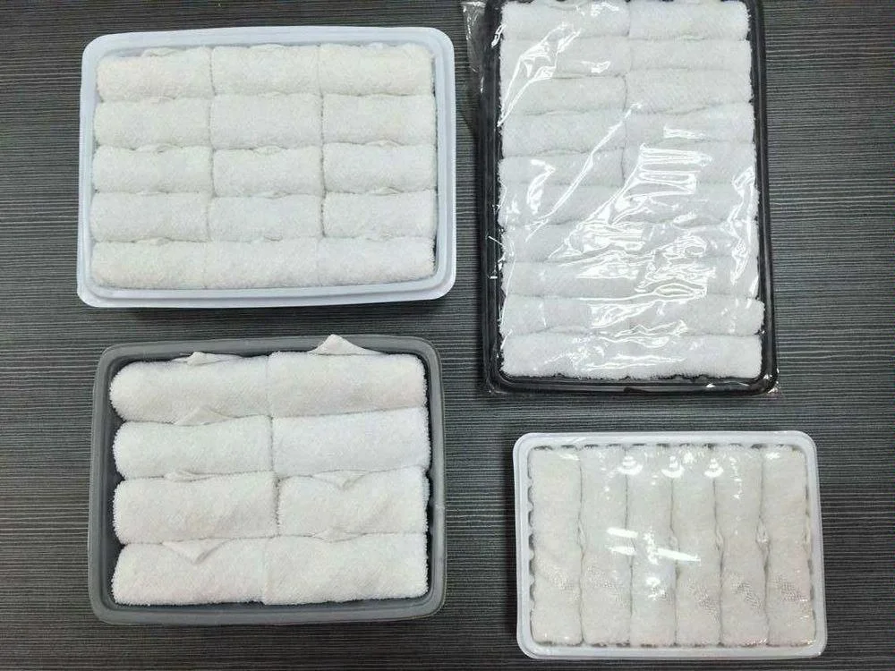 Good Quality disposable rolled airline towel cotton towel in tray with tong