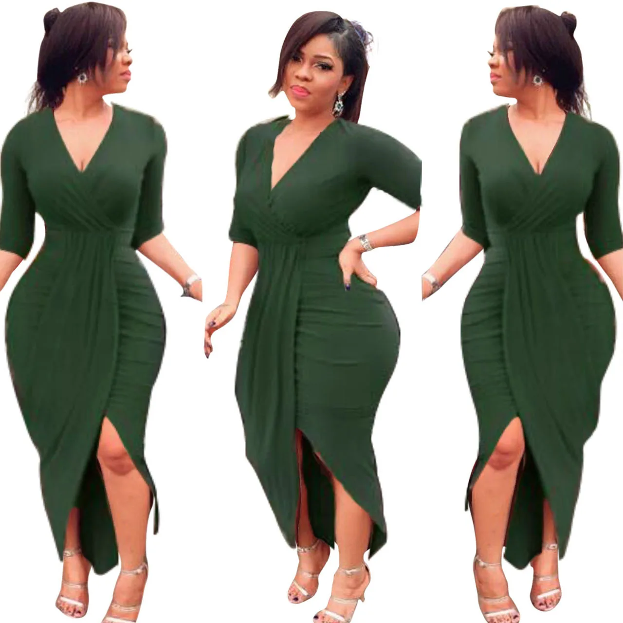 YQ29 Sexy V Neck Half Sleeves Asymmetrical Red Polyester Sheath Mid Calf Dress With Long Sleeve Maxi Dress