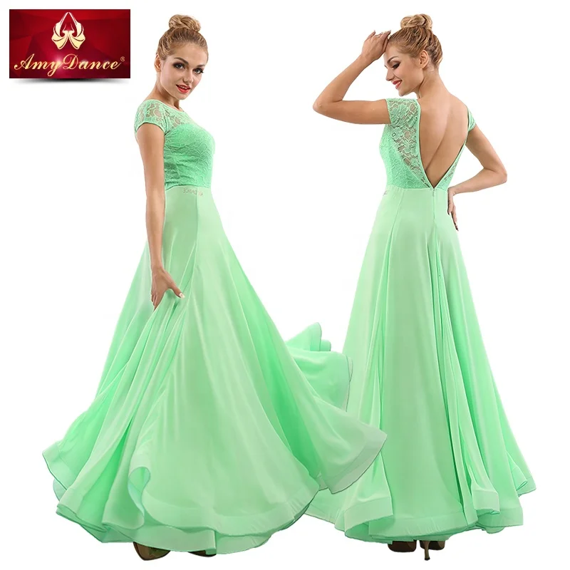 
Elegant large hem lace short sleeves long professional practice modern ballroom dance wear women ballroom dance dress 