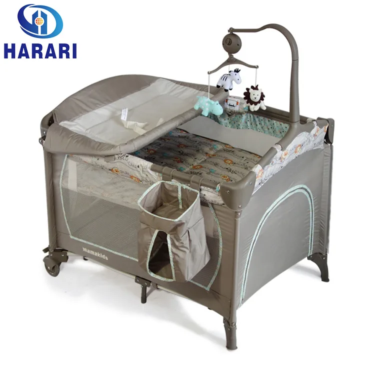 factory cheap Foldable baby cot playpen with music and toys bar
