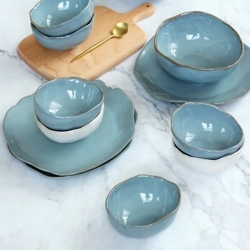 Irregular shape ceramic tableware set with elegant gloss blue reactive glaze for wholesale