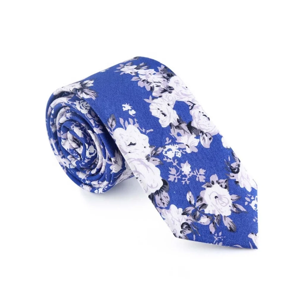 
 Customized Logo Casual Flower Printed Blue Necktie Fashion Design Floral Cotton Ties Men For Party  