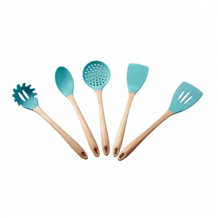 Набор термостойких силиконовых приборов для еды с деревянной ручкой, 5 шт.