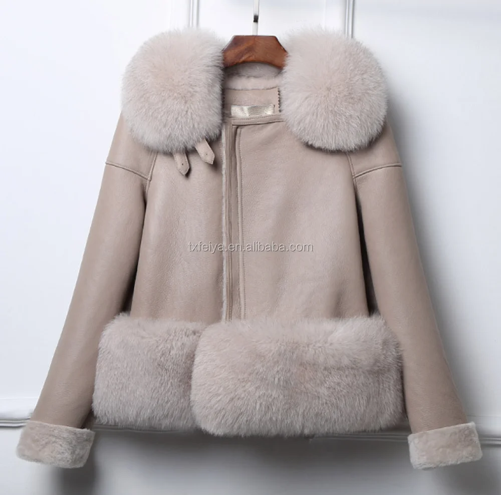 2017 Winter Fox Fur Trim Coat For Women Sheepskin Double faced Leather Jacket