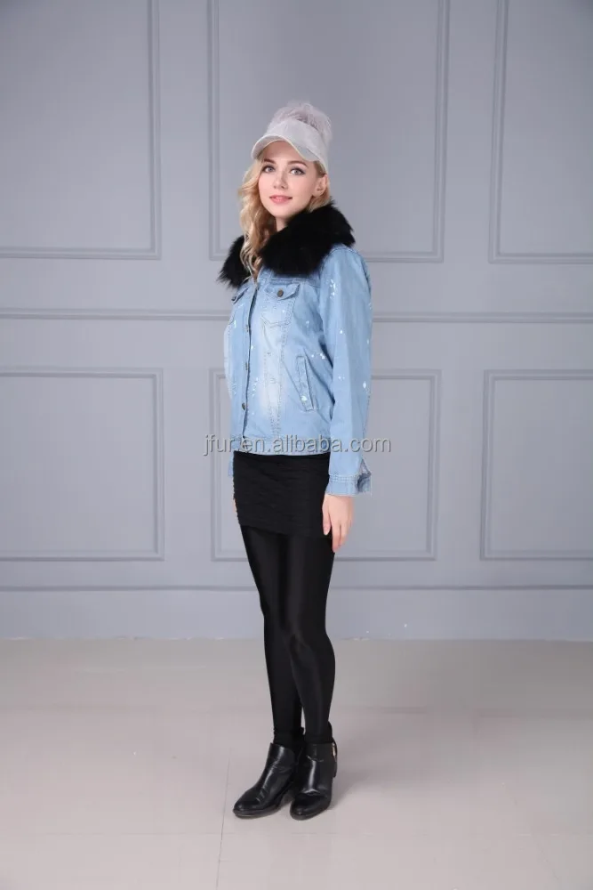 Ladies Fur Lining Jacket for Winter Warm Jeans Parka Coats With Fur Hoods Collars